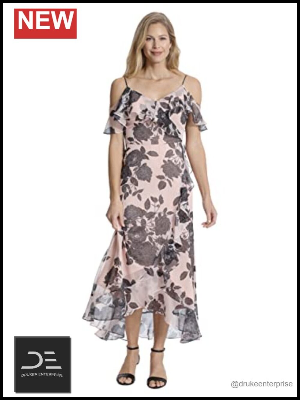 Chiffon Cold Shoulder Hi-Low Maxi Dress with Ruffles, Floral